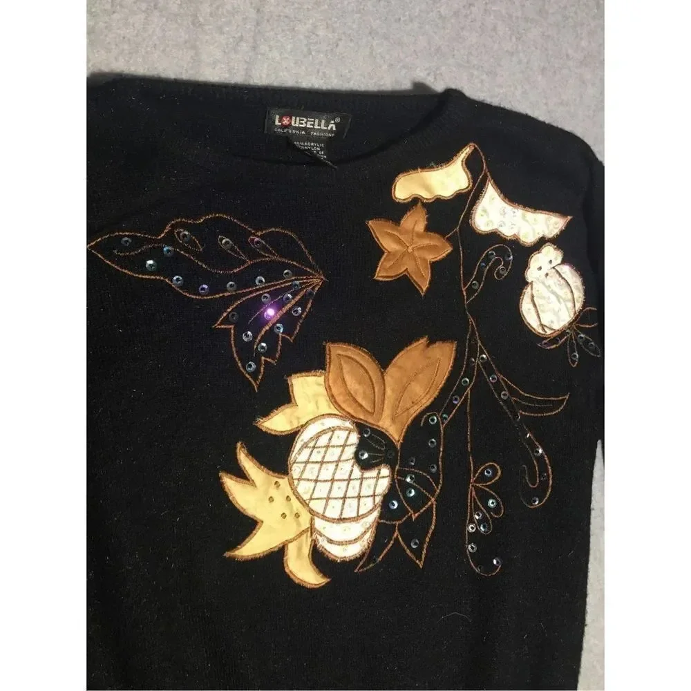 Womens LouBella Sweater Size Medium Brown Leaves Acrylic Blend Autumn Fall